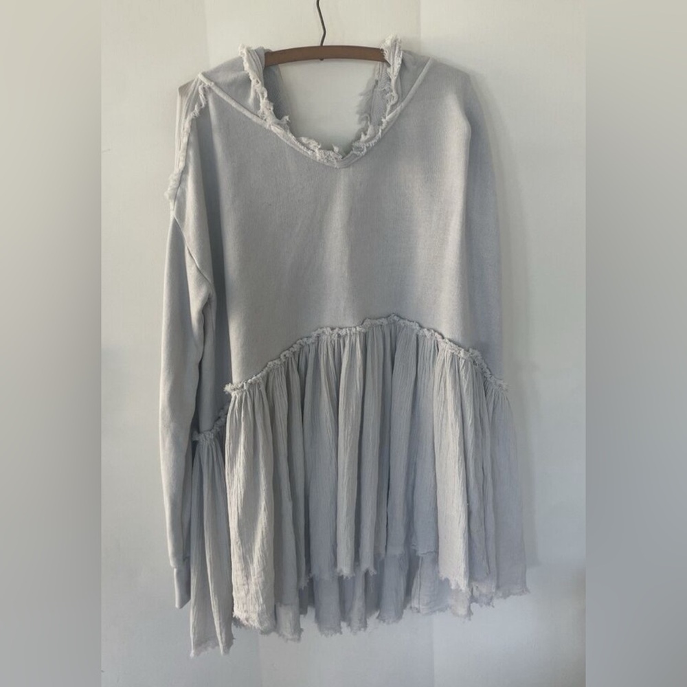 Free People Hooded Long Sleeve V-Neck Sweater - Light Blue - Large